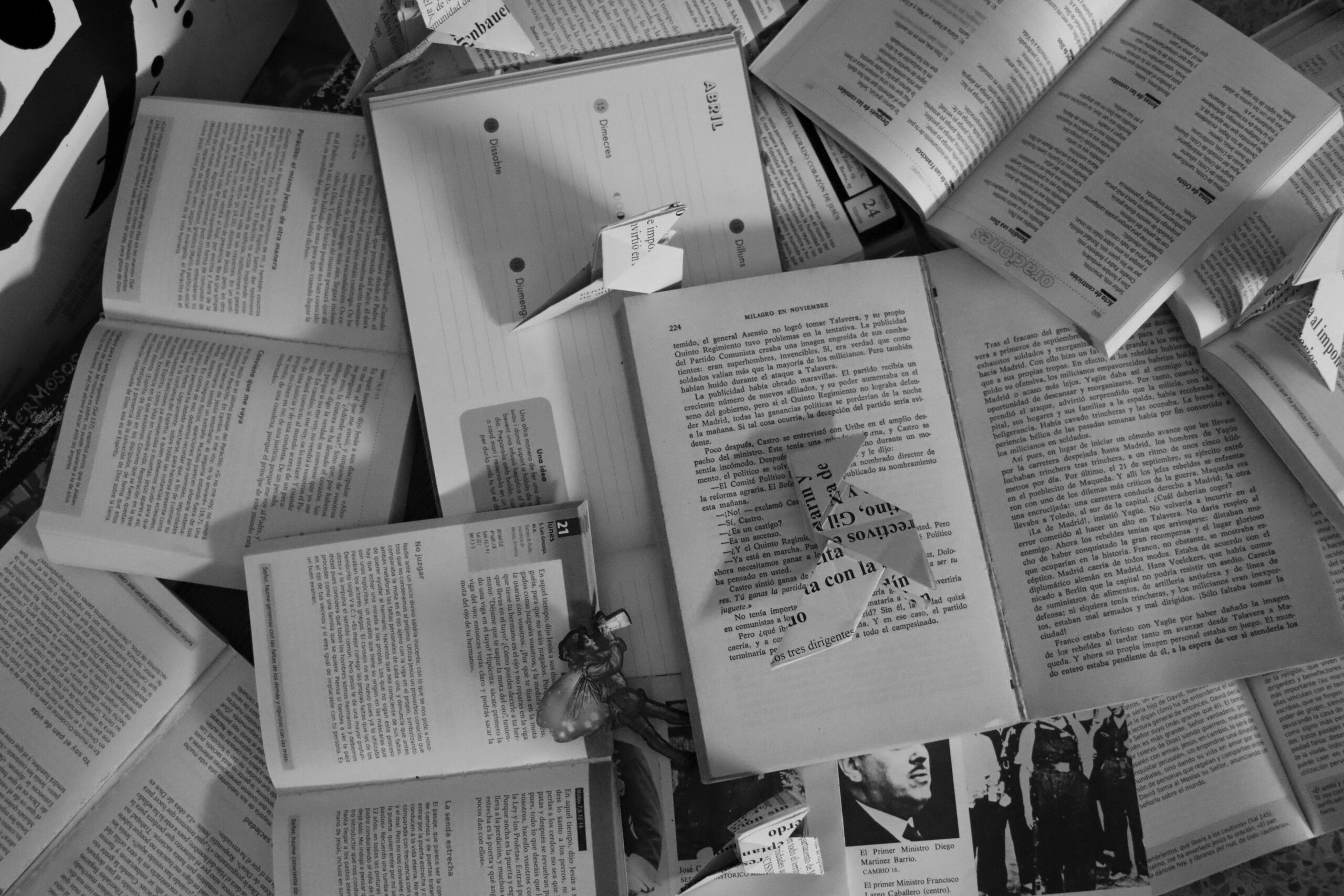 A black and white artistic arrangement of various open books and paper crafts, creating a conceptual still life.